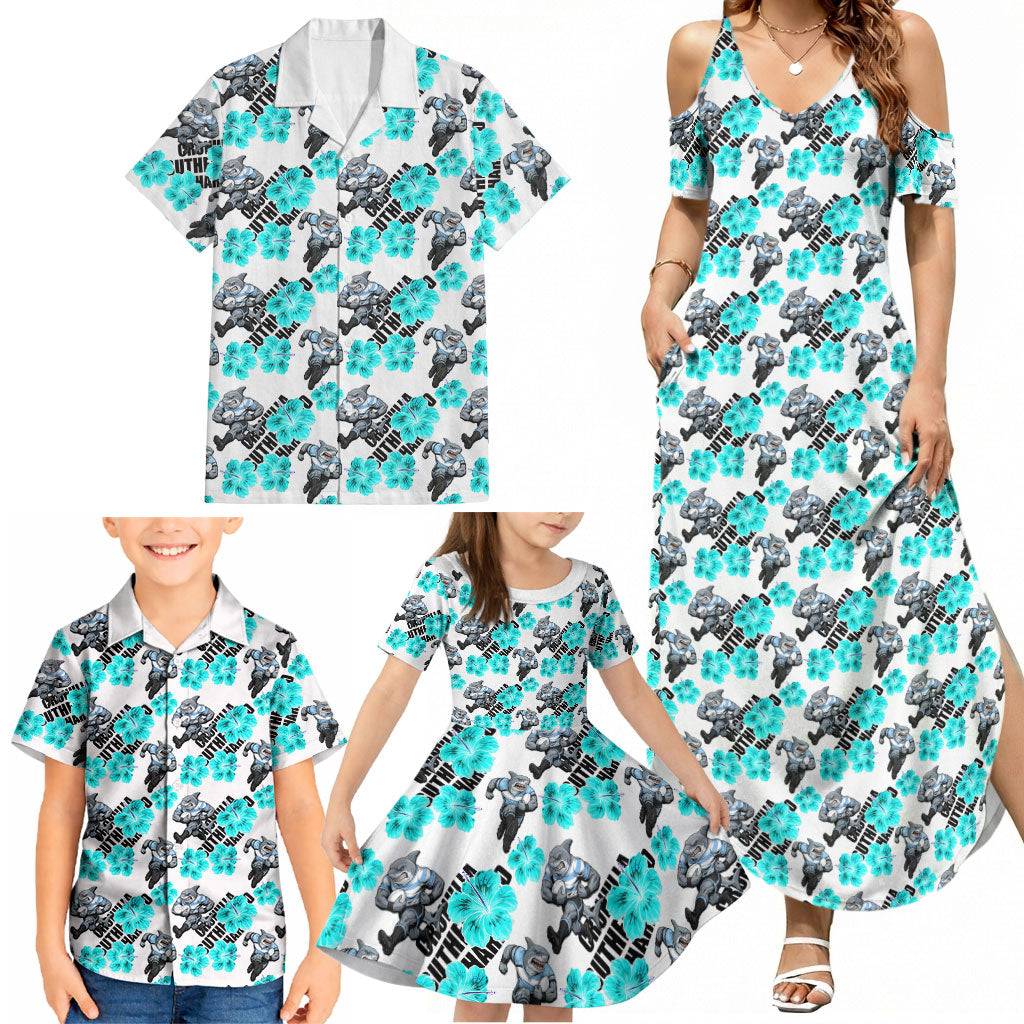 Cronulla-Sutherland Sharks Family Matching Summer Maxi Dress and Hawaiian Shirt Tropical Hibiscus Floral Seamless Rugby Mascot