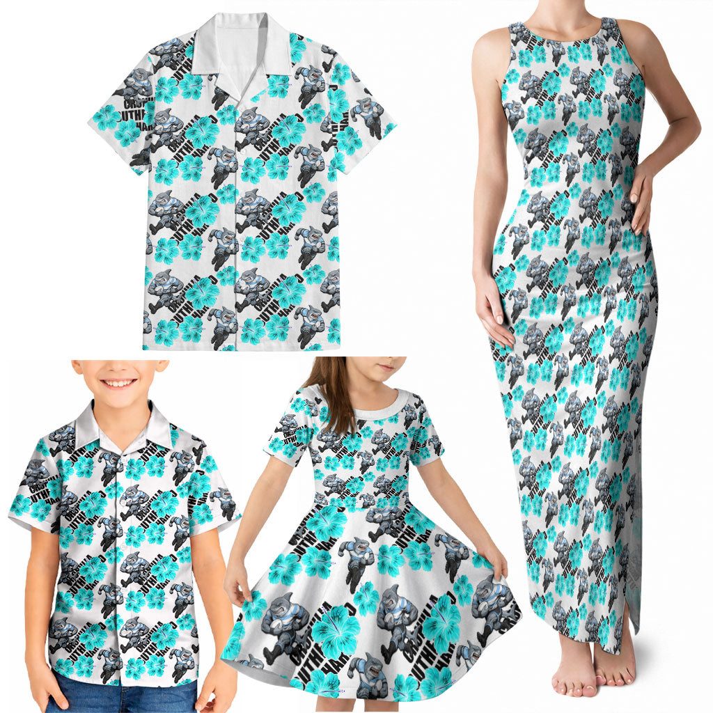 Cronulla-Sutherland Sharks Family Matching Tank Maxi Dress and Hawaiian Shirt Tropical Hibiscus Floral Seamless Rugby Mascot