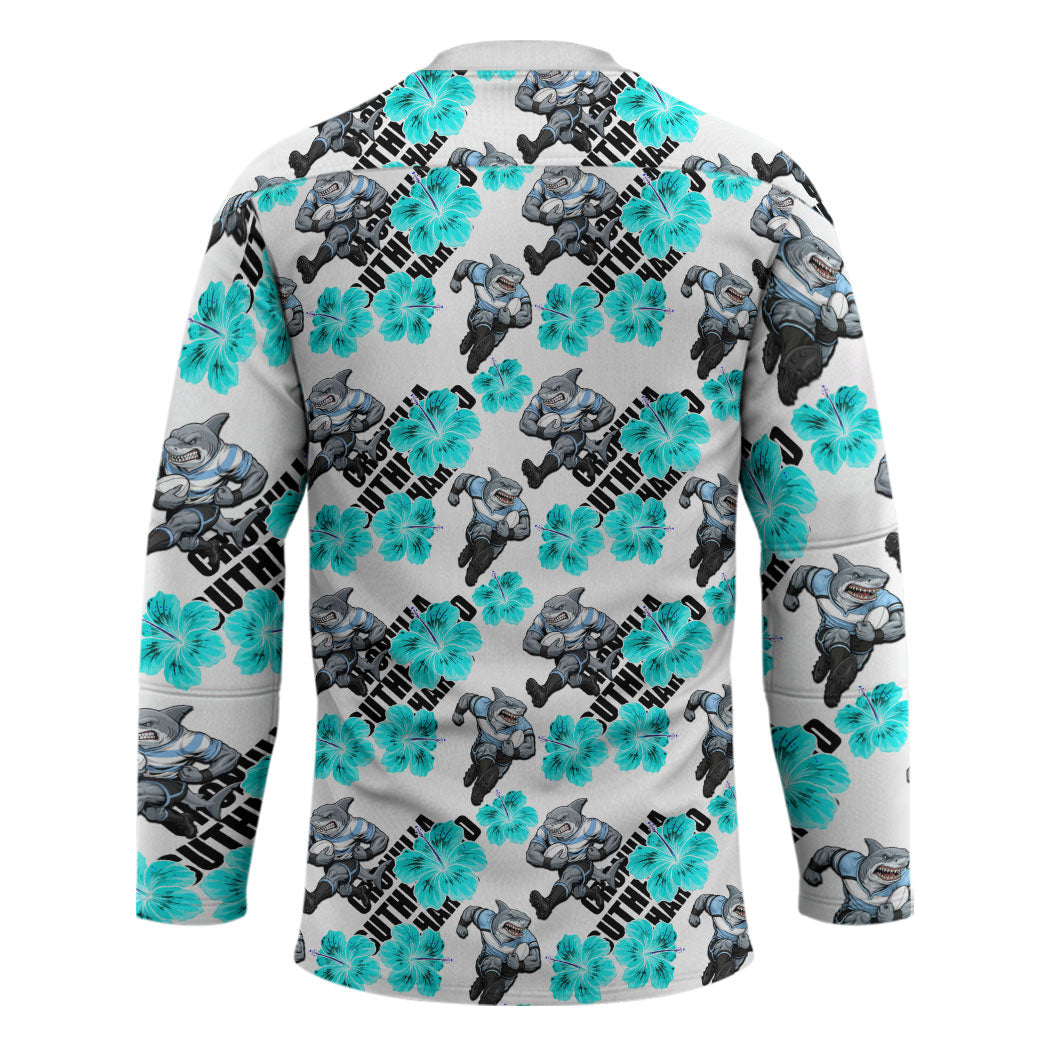 Cronulla-Sutherland Sharks Hockey Jersey Tropical Hibiscus Floral Seamless Rugby Mascot
