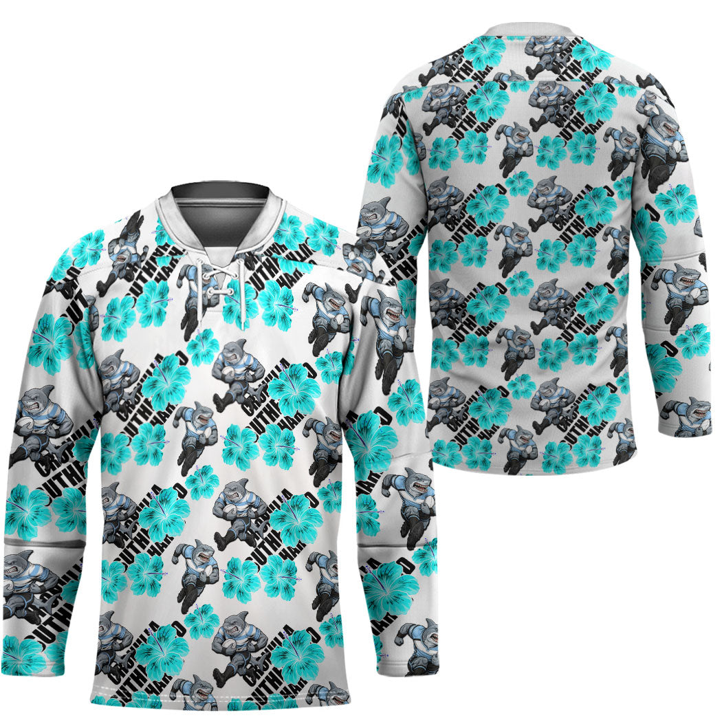 Cronulla-Sutherland Sharks Hockey Jersey Tropical Hibiscus Floral Seamless Rugby Mascot