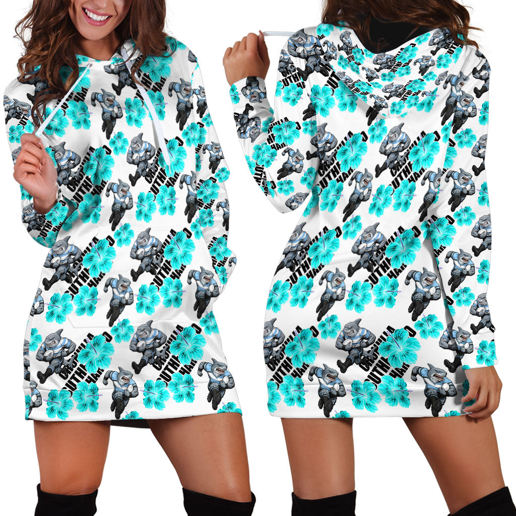 Cronulla-Sutherland Sharks Hoodie Dress Tropical Hibiscus Floral Seamless Rugby Mascot