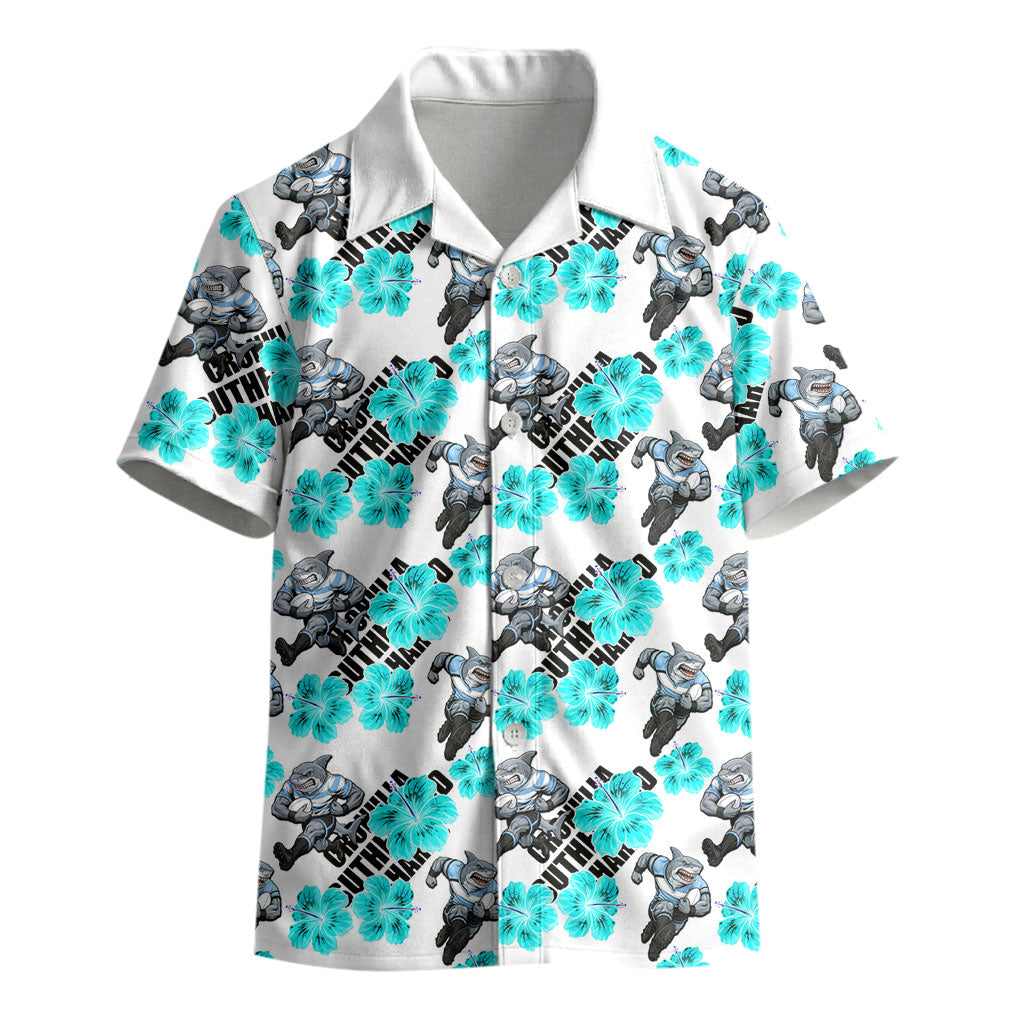 Cronulla-Sutherland Sharks Kid Hawaiian Shirt Tropical Hibiscus Floral Seamless Rugby Mascot
