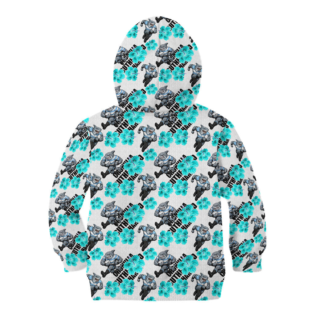 Cronulla-Sutherland Sharks Kid Hoodie Tropical Hibiscus Floral Seamless Rugby Mascot