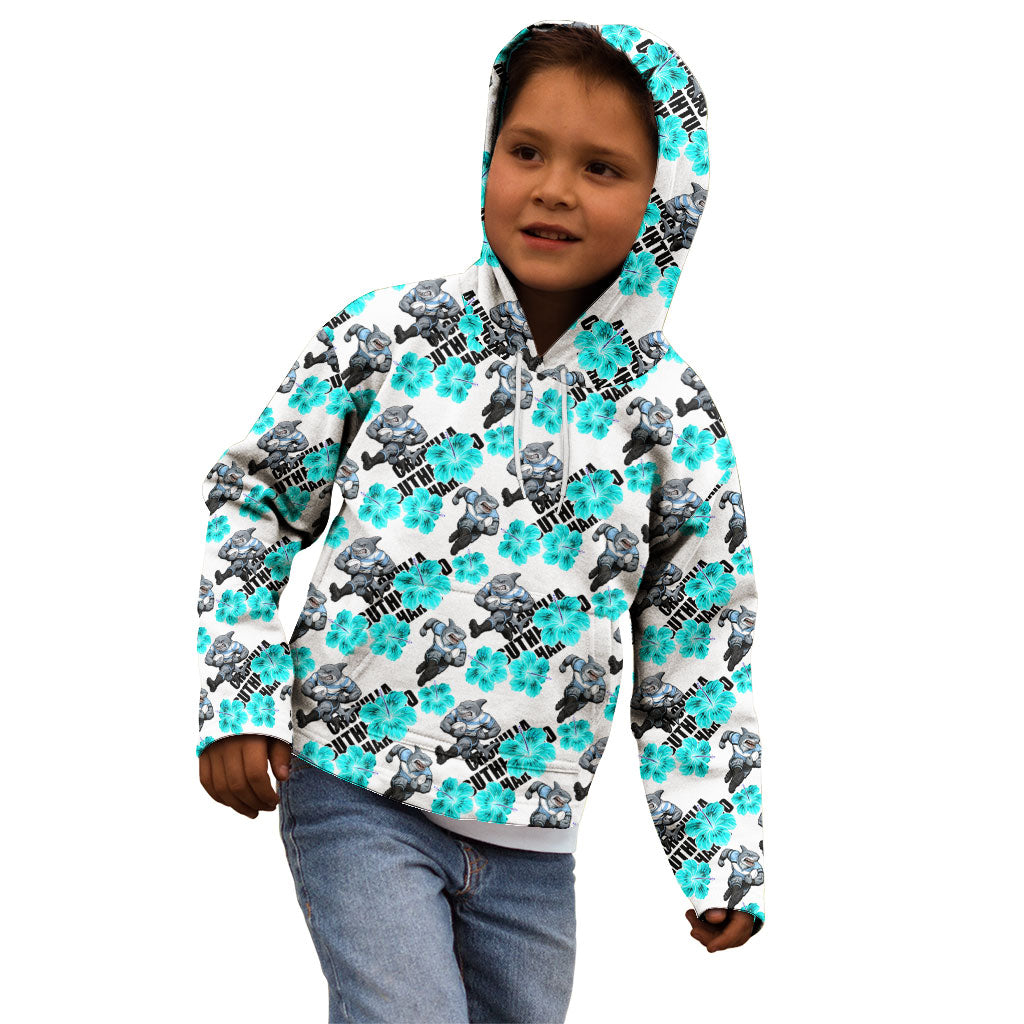 Cronulla-Sutherland Sharks Kid Hoodie Tropical Hibiscus Floral Seamless Rugby Mascot