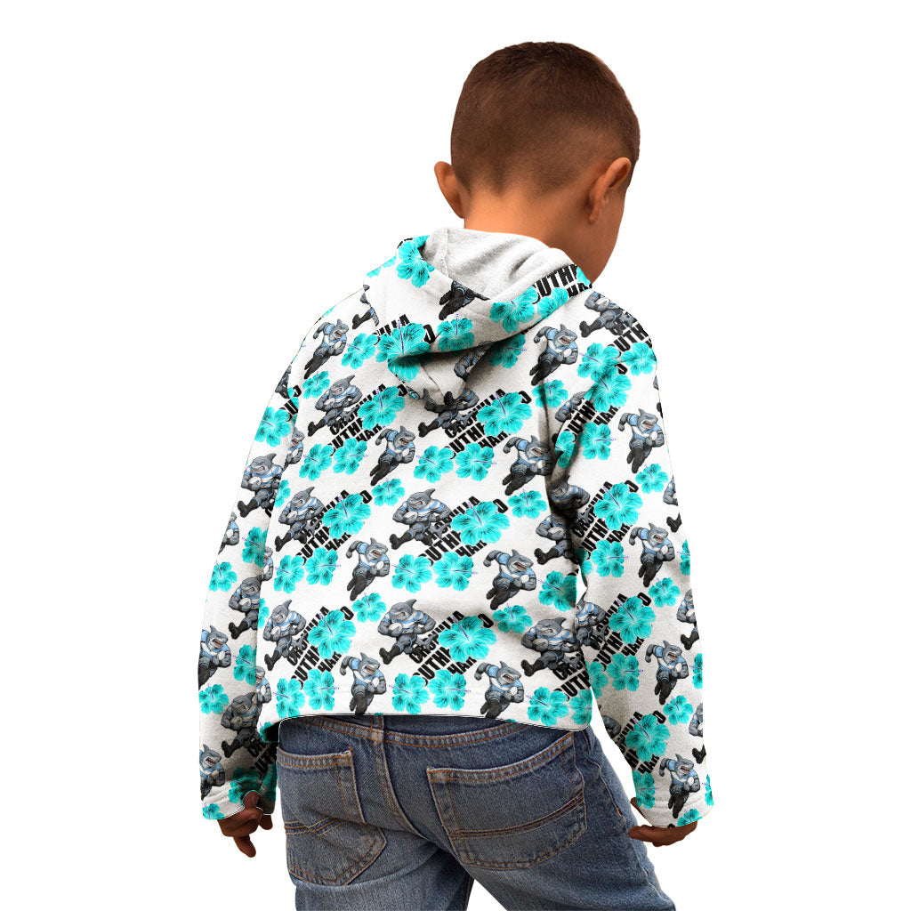 Cronulla-Sutherland Sharks Kid Hoodie Tropical Hibiscus Floral Seamless Rugby Mascot