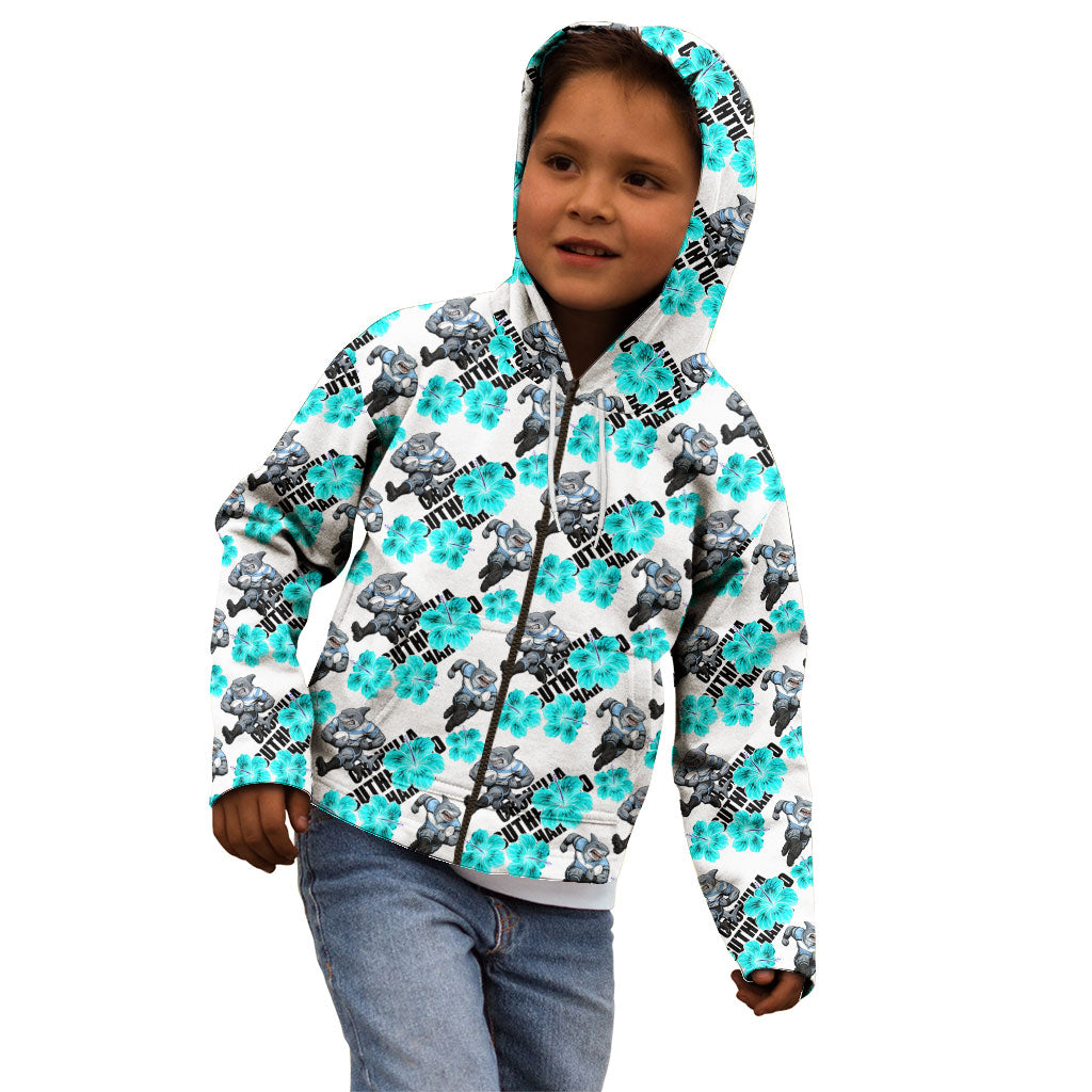 Cronulla-Sutherland Sharks Kid Hoodie Tropical Hibiscus Floral Seamless Rugby Mascot