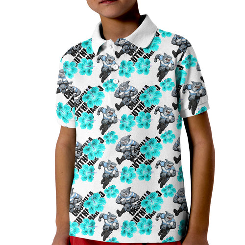 Cronulla-Sutherland Sharks Kid Polo Shirt Tropical Hibiscus Floral Seamless Rugby Mascot