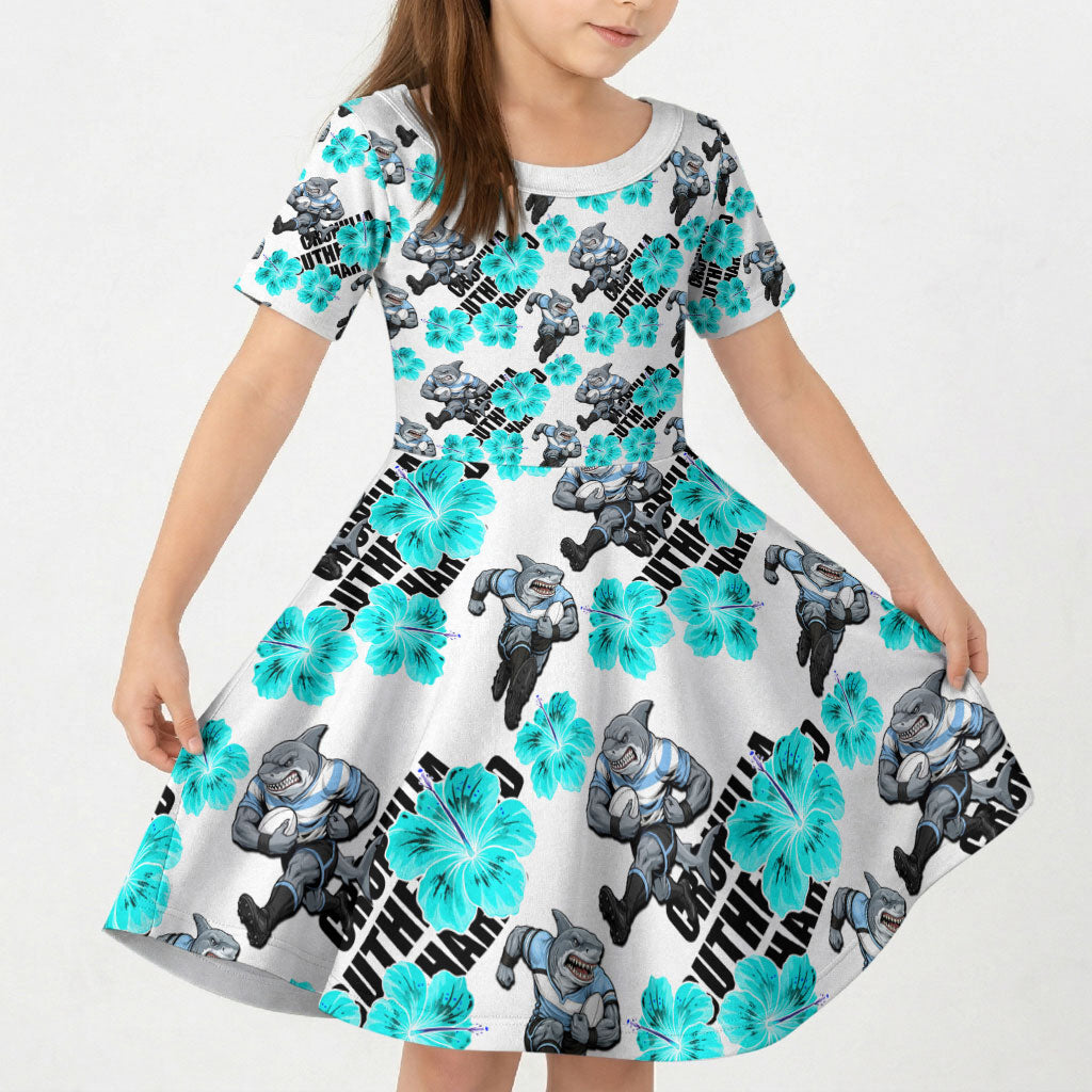 Cronulla-Sutherland Sharks Kid Short Sleeve Dress Tropical Hibiscus Floral Seamless Rugby Mascot