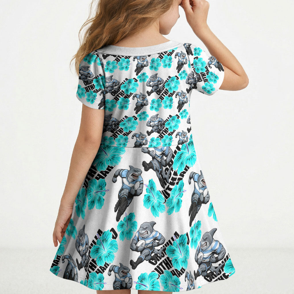 Cronulla-Sutherland Sharks Kid Short Sleeve Dress Tropical Hibiscus Floral Seamless Rugby Mascot