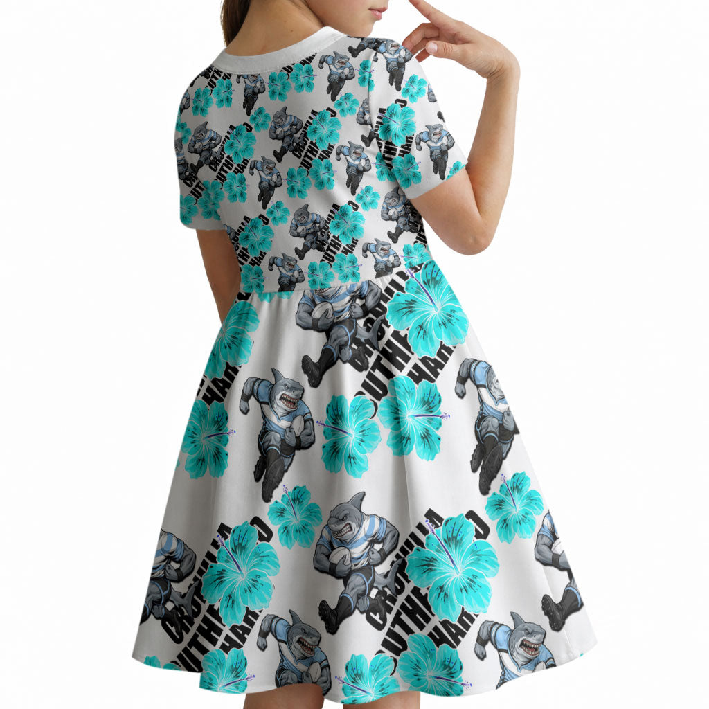 Cronulla-Sutherland Sharks Kid Short Sleeve Dress Tropical Hibiscus Floral Seamless Rugby Mascot