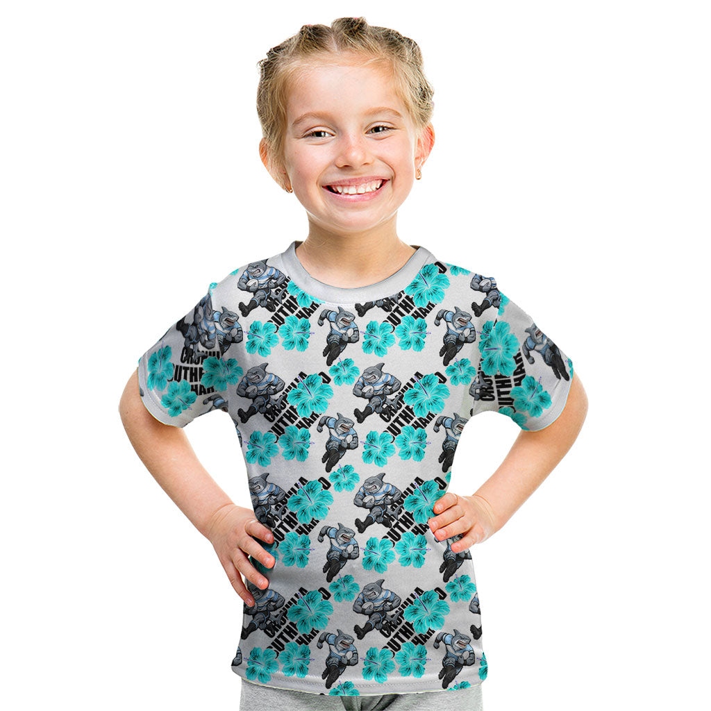 Cronulla-Sutherland Sharks Kid T Shirt Tropical Hibiscus Floral Seamless Rugby Mascot