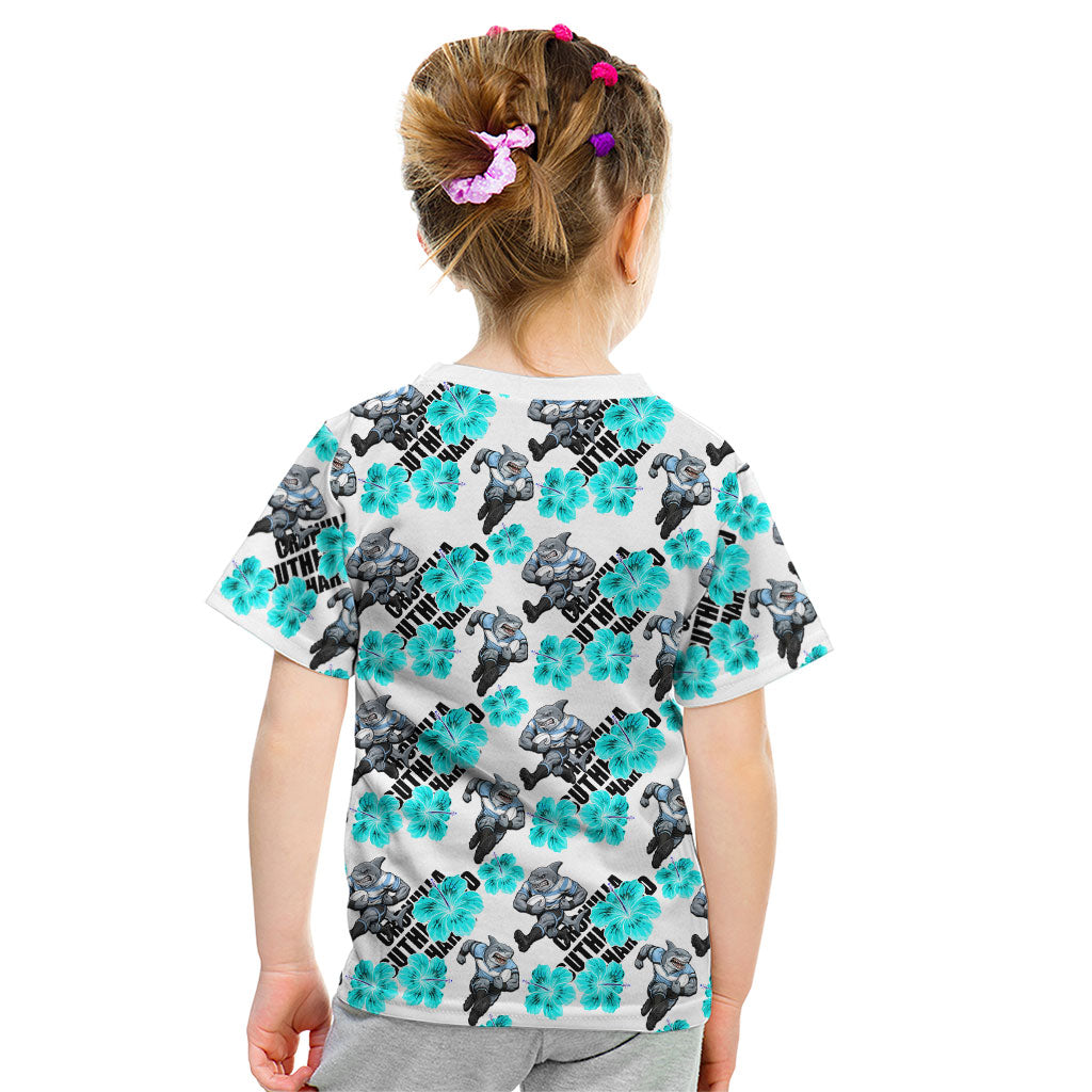 Cronulla-Sutherland Sharks Kid T Shirt Tropical Hibiscus Floral Seamless Rugby Mascot