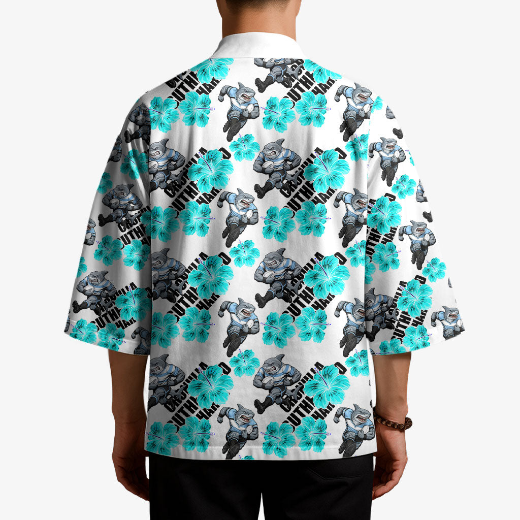 Cronulla-Sutherland Sharks Kimono Tropical Hibiscus Floral Seamless Rugby Mascot