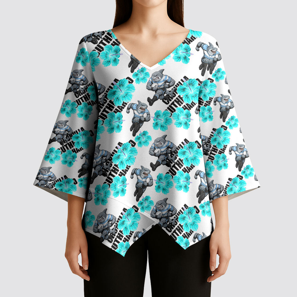 Cronulla-Sutherland Sharks Kimono Sleeve Blouse Tropical Hibiscus Floral Seamless Rugby Mascot