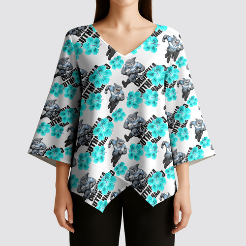 Cronulla-Sutherland Sharks Kimono Sleeve Blouse Tropical Hibiscus Floral Seamless Rugby Mascot