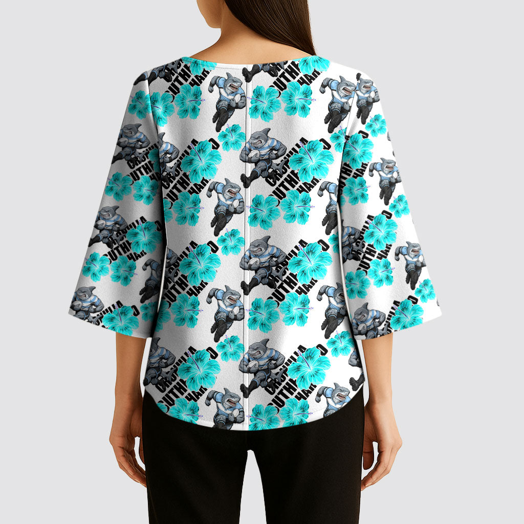 Cronulla-Sutherland Sharks Kimono Sleeve Blouse Tropical Hibiscus Floral Seamless Rugby Mascot