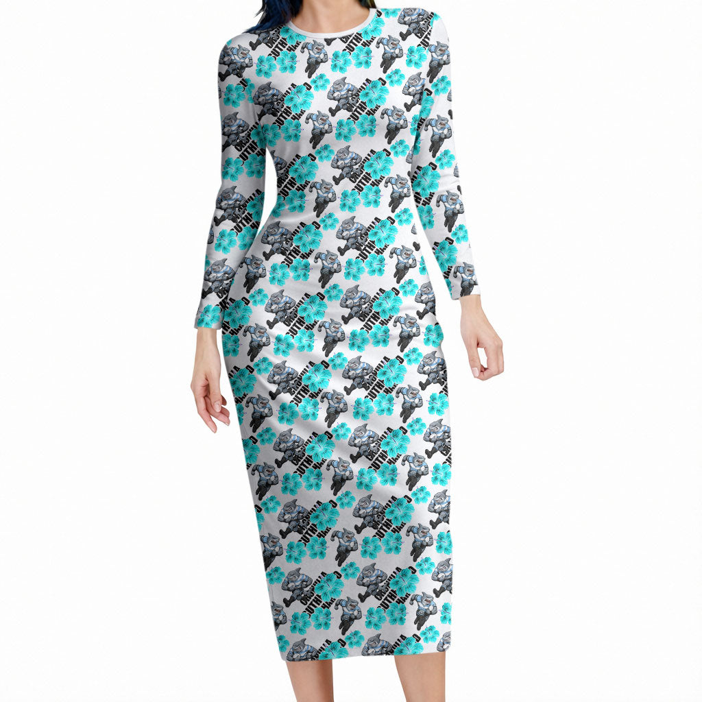 Cronulla-Sutherland Sharks Long Sleeve Bodycon Dress Tropical Hibiscus Floral Seamless Rugby Mascot