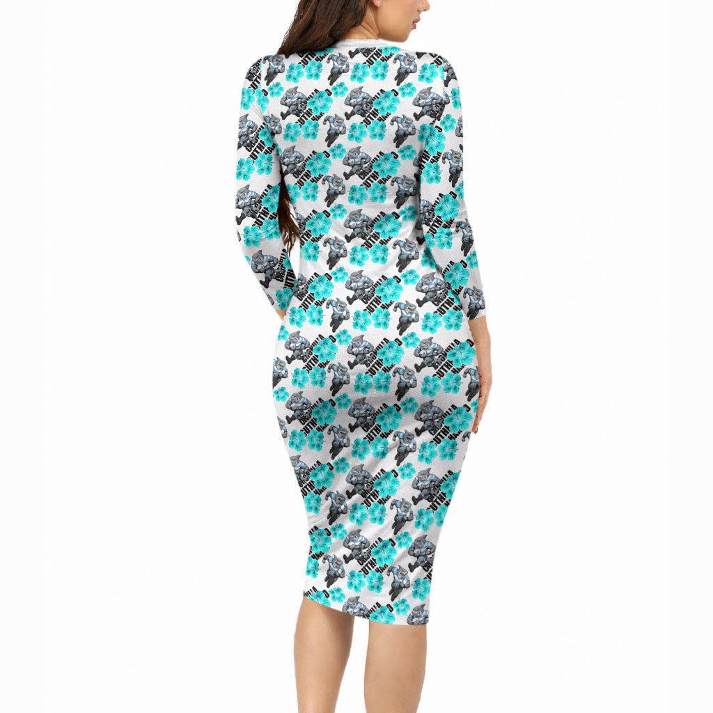 Cronulla-Sutherland Sharks Long Sleeve Bodycon Dress Tropical Hibiscus Floral Seamless Rugby Mascot