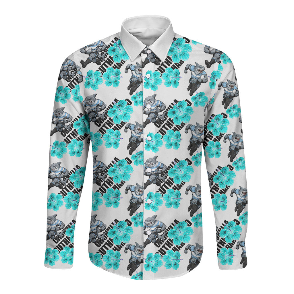 Cronulla-Sutherland Sharks Long Sleeve Button Shirt Tropical Hibiscus Floral Seamless Rugby Mascot