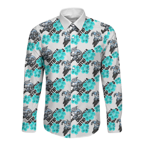 Cronulla-Sutherland Sharks Long Sleeve Button Shirt Tropical Hibiscus Floral Seamless Rugby Mascot