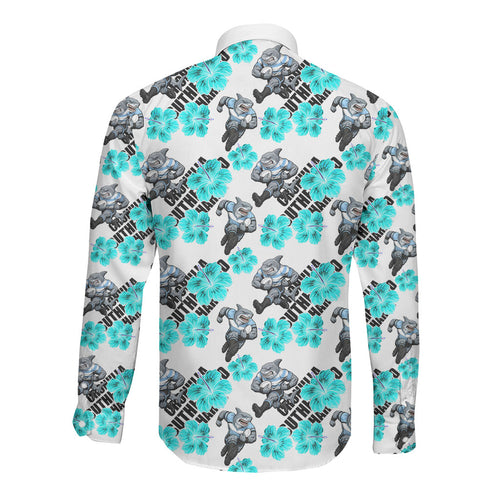 Cronulla-Sutherland Sharks Long Sleeve Button Shirt Tropical Hibiscus Floral Seamless Rugby Mascot