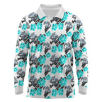 Cronulla-Sutherland Sharks Long Sleeve Polo Shirt Tropical Hibiscus Floral Seamless Rugby Mascot