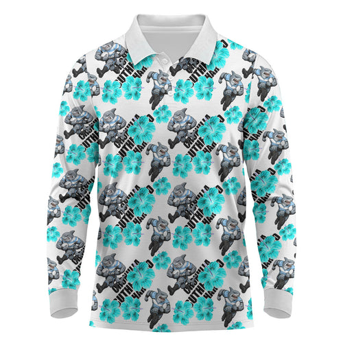 Cronulla-Sutherland Sharks Long Sleeve Polo Shirt Tropical Hibiscus Floral Seamless Rugby Mascot