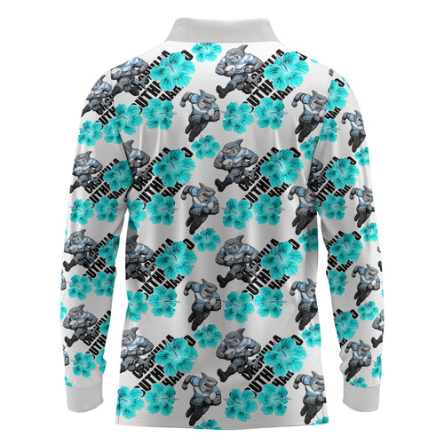 Cronulla-Sutherland Sharks Long Sleeve Polo Shirt Tropical Hibiscus Floral Seamless Rugby Mascot