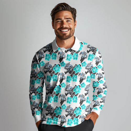 Cronulla-Sutherland Sharks Long Sleeve Polo Shirt Tropical Hibiscus Floral Seamless Rugby Mascot