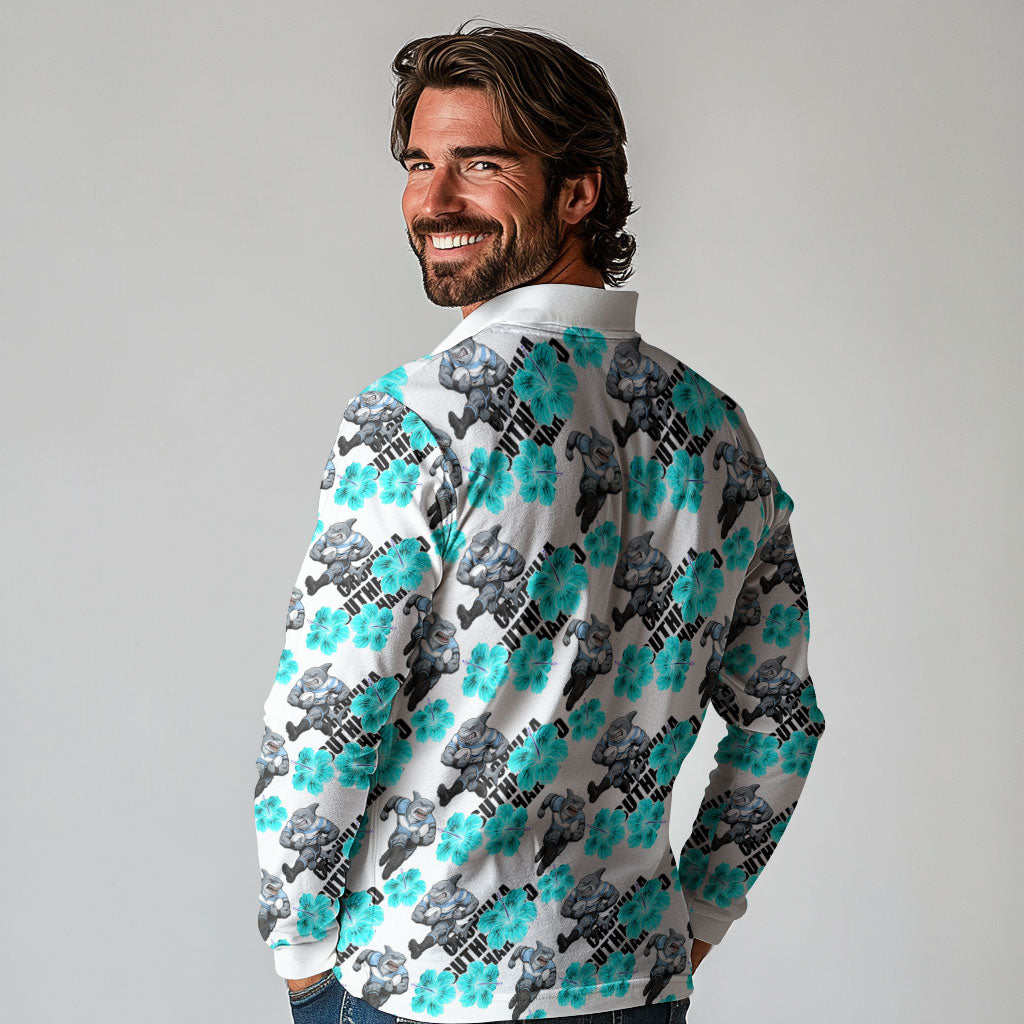 Cronulla-Sutherland Sharks Long Sleeve Polo Shirt Tropical Hibiscus Floral Seamless Rugby Mascot