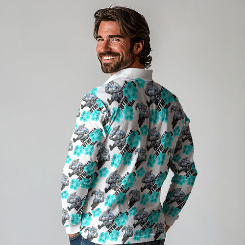 Cronulla-Sutherland Sharks Long Sleeve Polo Shirt Tropical Hibiscus Floral Seamless Rugby Mascot