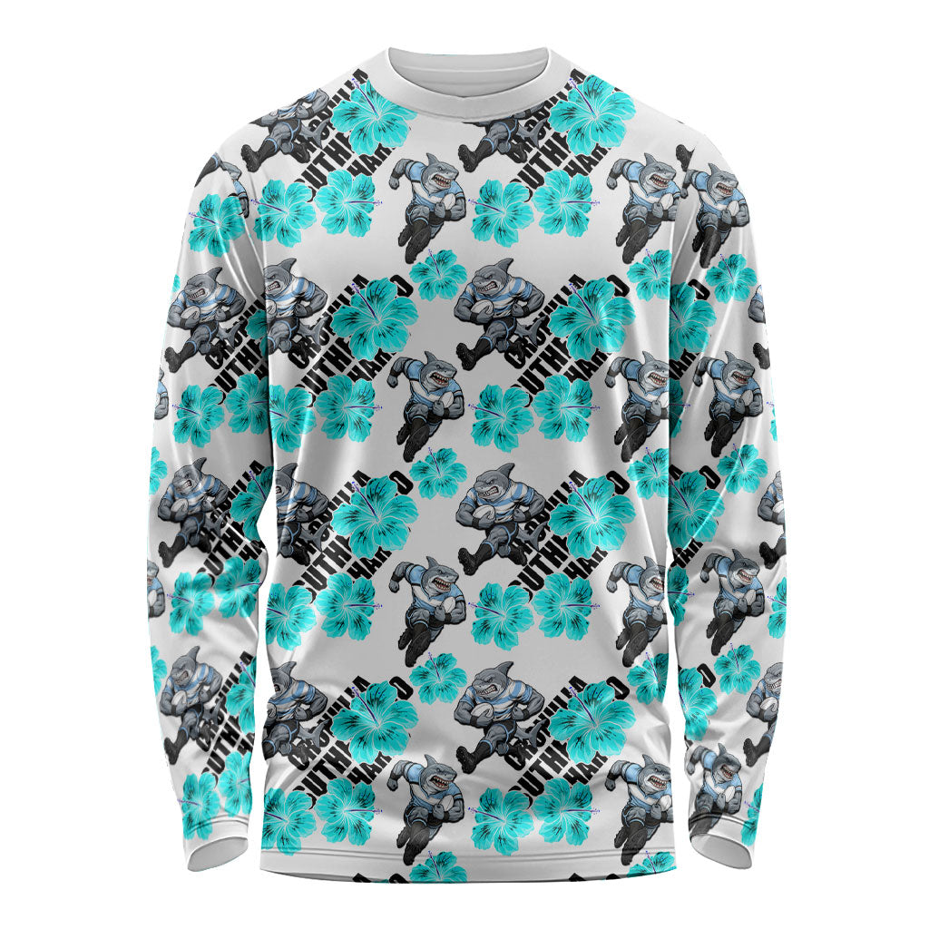 Cronulla-Sutherland Sharks Long Sleeve Shirt Tropical Hibiscus Floral Seamless Rugby Mascot