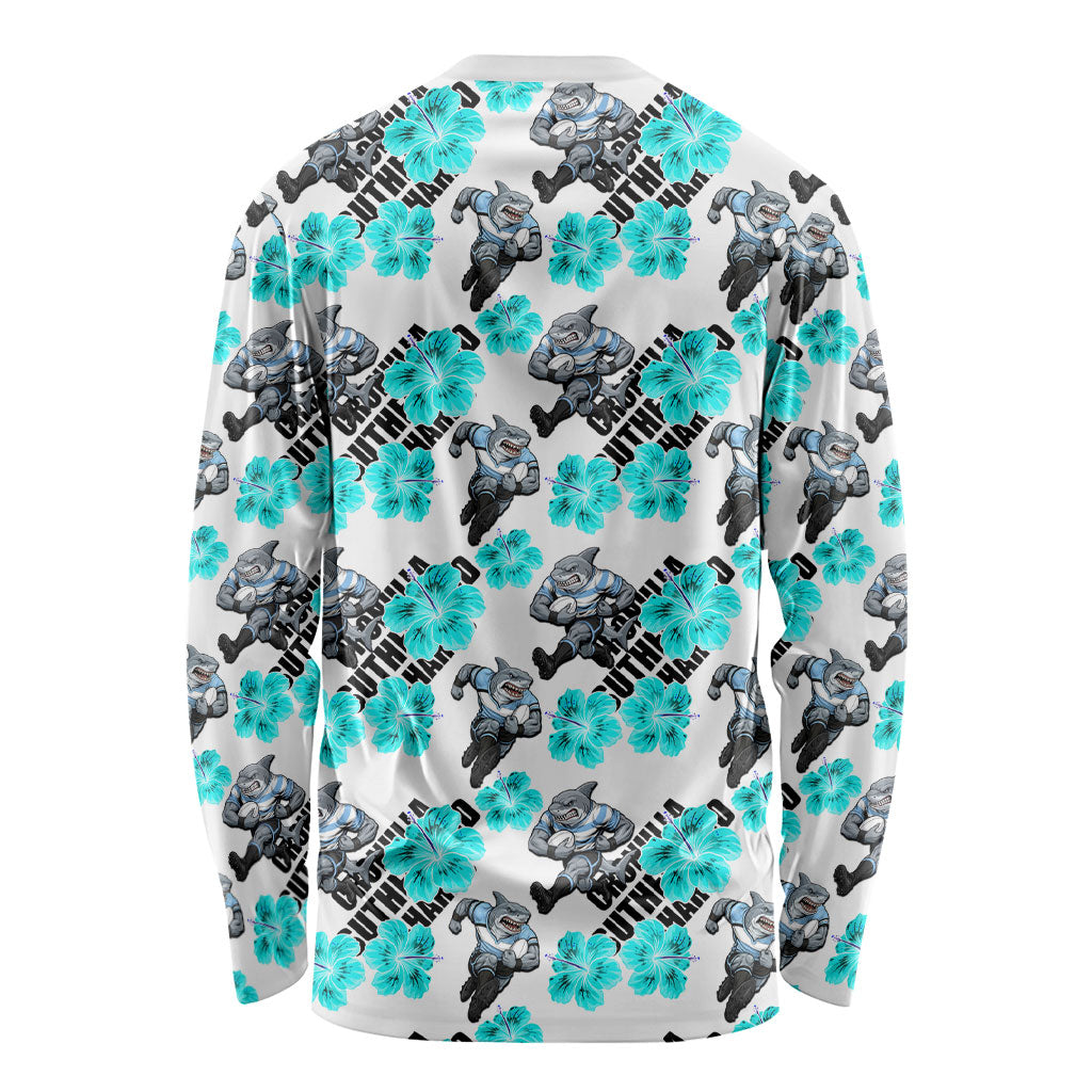 Cronulla-Sutherland Sharks Long Sleeve Shirt Tropical Hibiscus Floral Seamless Rugby Mascot