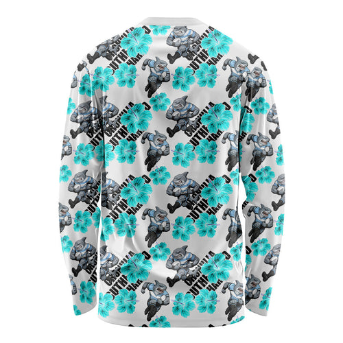 Cronulla-Sutherland Sharks Long Sleeve Shirt Tropical Hibiscus Floral Seamless Rugby Mascot