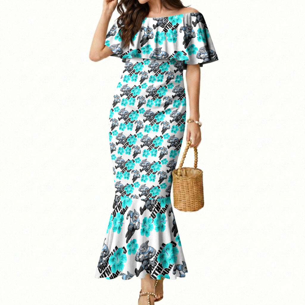 Cronulla-Sutherland Sharks Mermaid Dress Tropical Hibiscus Floral Seamless Rugby Mascot