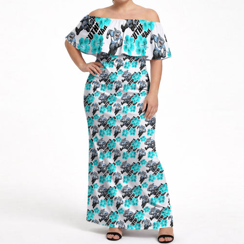 Cronulla-Sutherland Sharks Off Shoulder Maxi Dress Tropical Hibiscus Floral Seamless Rugby Mascot