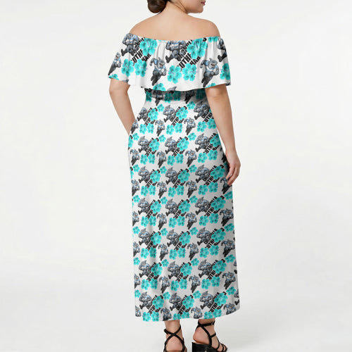 Cronulla-Sutherland Sharks Off Shoulder Maxi Dress Tropical Hibiscus Floral Seamless Rugby Mascot