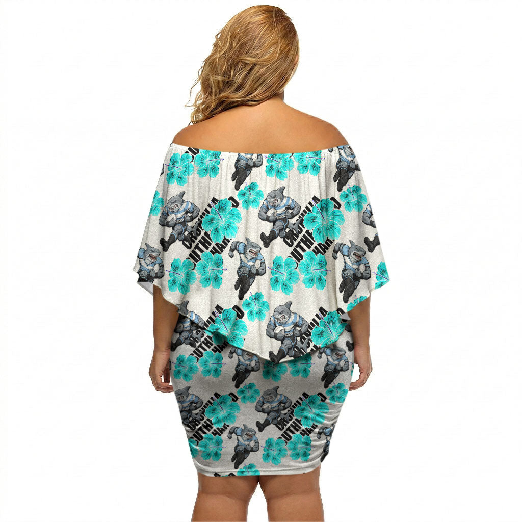 Cronulla-Sutherland Sharks Off Shoulder Short Dress Tropical Hibiscus Floral Seamless Rugby Mascot