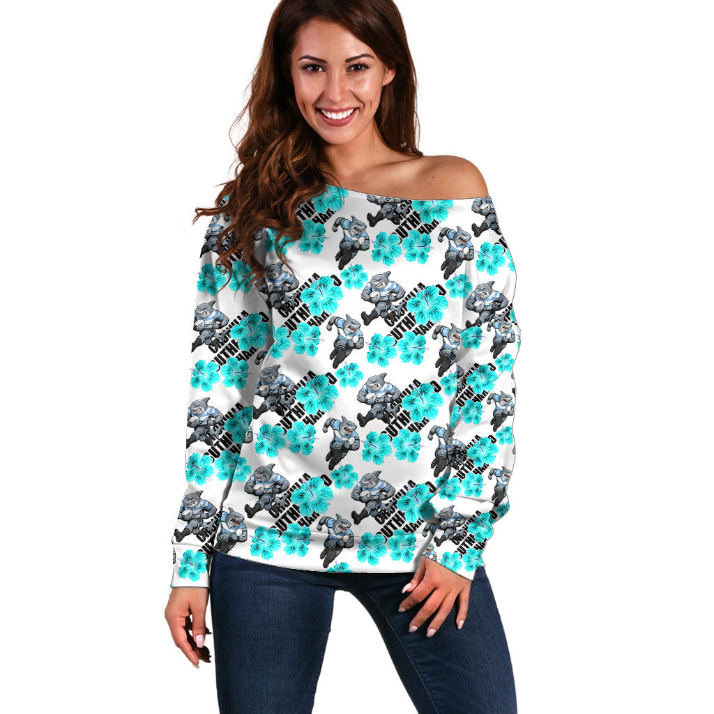 Cronulla-Sutherland Sharks Off Shoulder Sweater Tropical Hibiscus Floral Seamless Rugby Mascot
