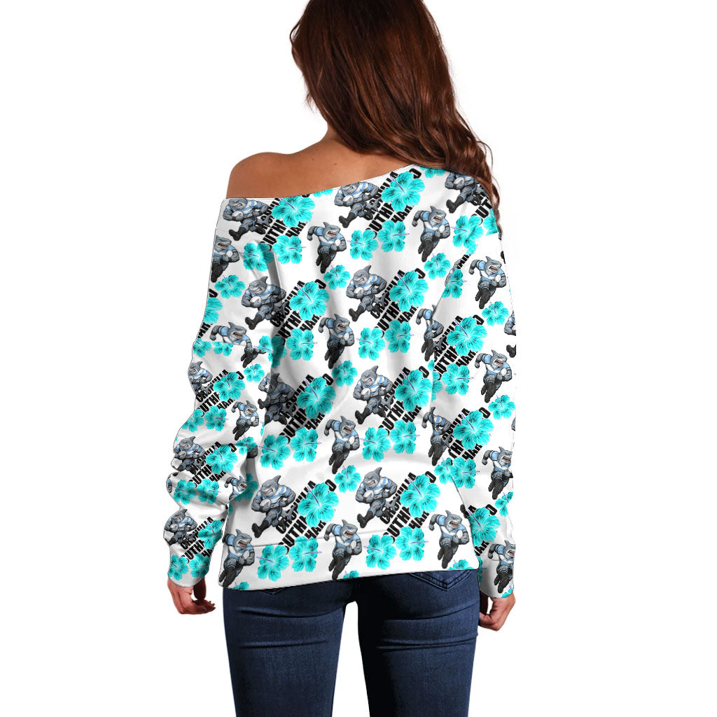 Cronulla-Sutherland Sharks Off Shoulder Sweater Tropical Hibiscus Floral Seamless Rugby Mascot