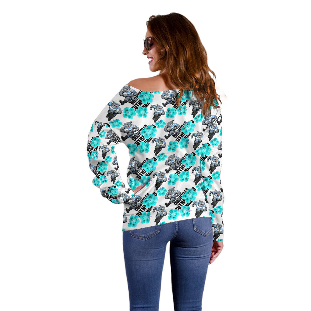 Cronulla-Sutherland Sharks Off Shoulder Sweater Tropical Hibiscus Floral Seamless Rugby Mascot