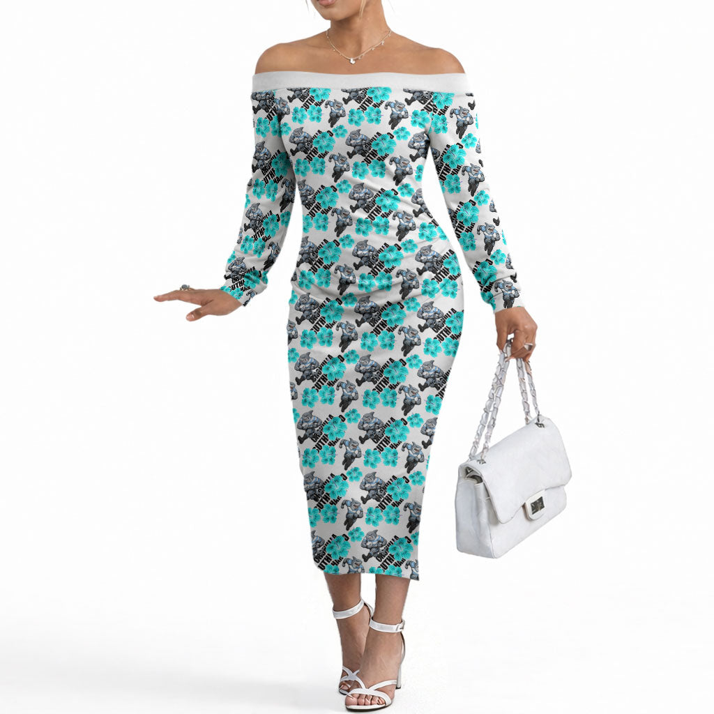 Cronulla-Sutherland Sharks Off The Shoulder Long Sleeve Dress Tropical Hibiscus Floral Seamless Rugby Mascot