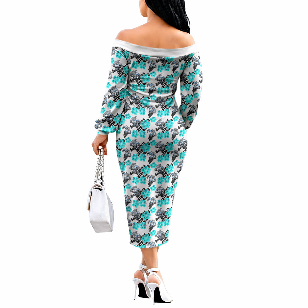 Cronulla-Sutherland Sharks Off The Shoulder Long Sleeve Dress Tropical Hibiscus Floral Seamless Rugby Mascot