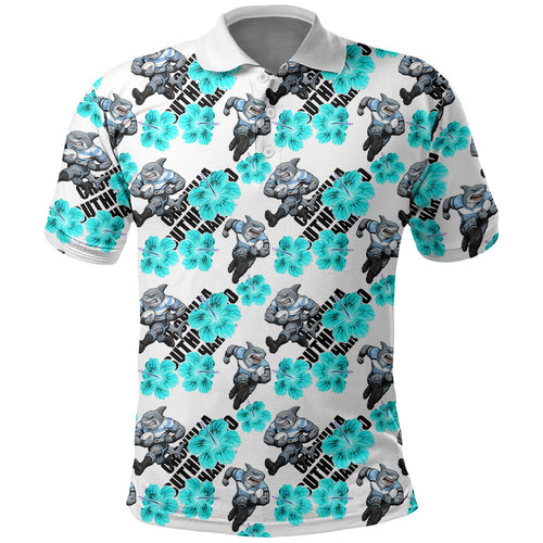 Cronulla-Sutherland Sharks Polo Shirt Tropical Hibiscus Floral Seamless Rugby Mascot