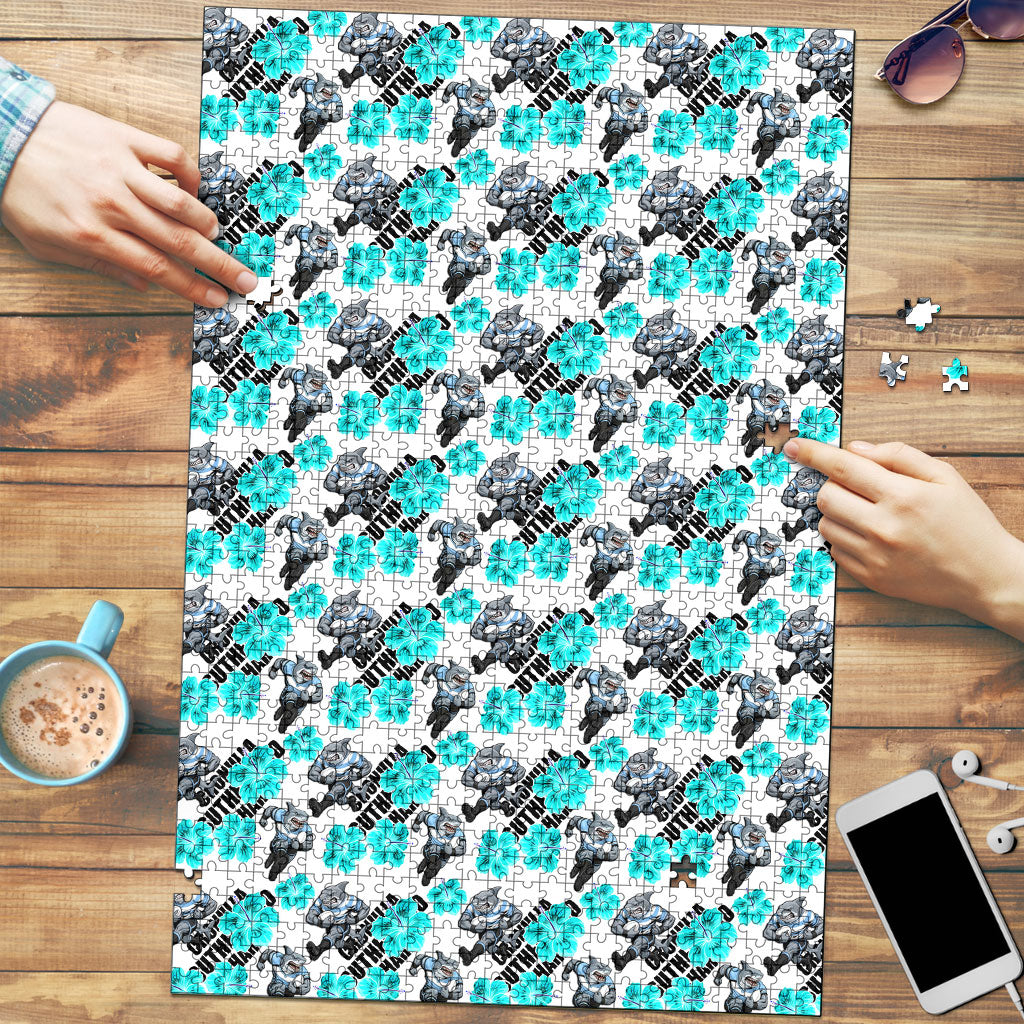 Cronulla-Sutherland Sharks Puzzle Tropical Hibiscus Floral Seamless Rugby Mascot