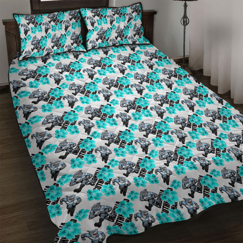 Cronulla-Sutherland Sharks Quilt Bed Set Tropical Hibiscus Floral Seamless Rugby Mascot