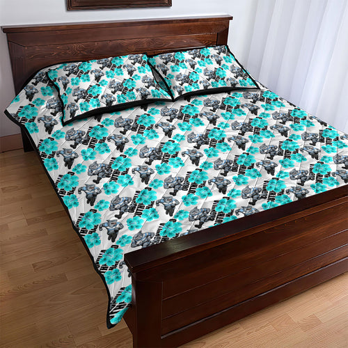 Cronulla-Sutherland Sharks Quilt Bed Set Tropical Hibiscus Floral Seamless Rugby Mascot