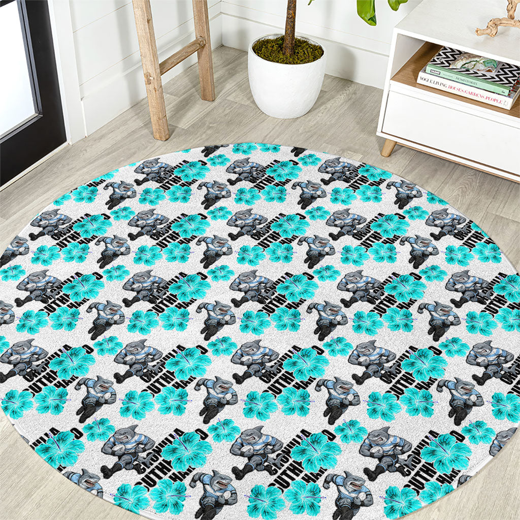 Cronulla-Sutherland Sharks Round Carpet Tropical Hibiscus Floral Seamless Rugby Mascot