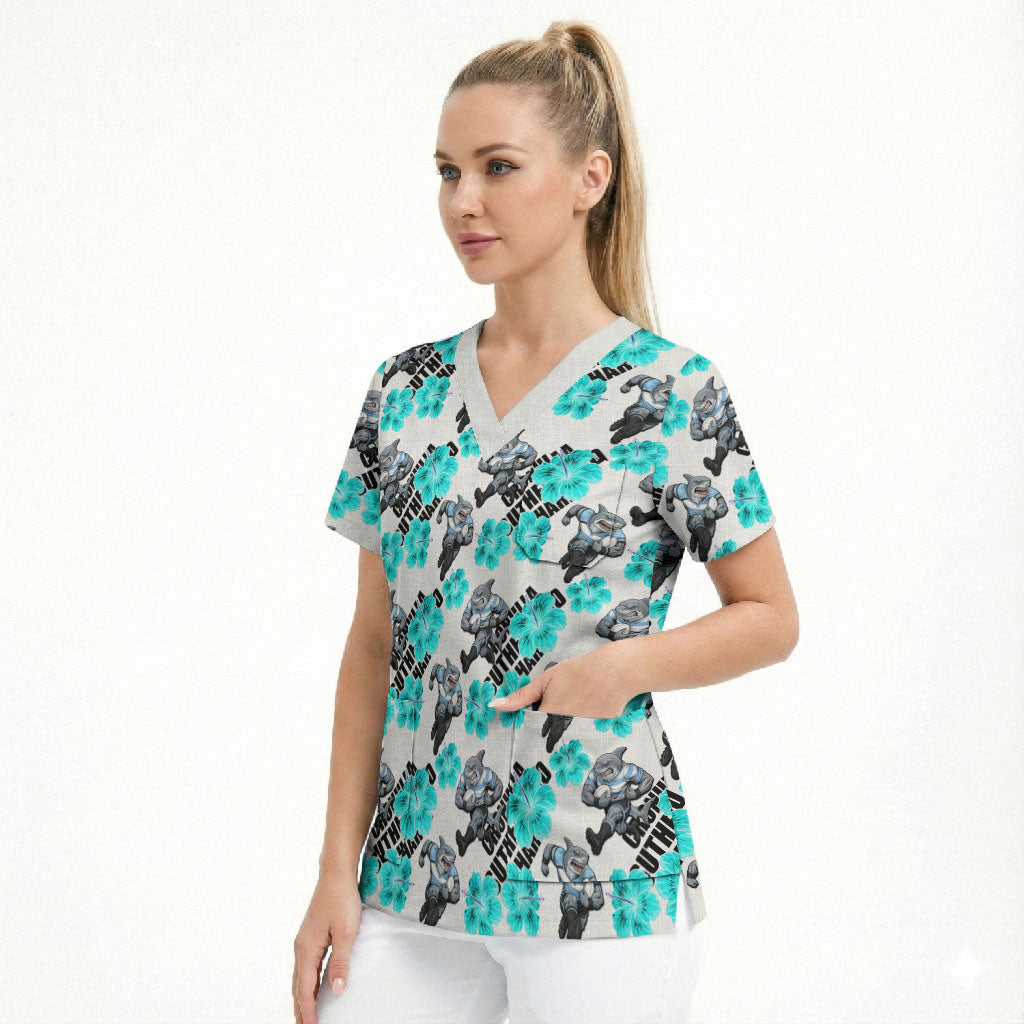 Cronulla-Sutherland Sharks Scrub Top Tropical Hibiscus Floral Seamless Rugby Mascot