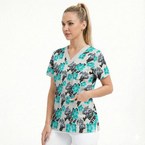 Cronulla-Sutherland Sharks Scrub Top Tropical Hibiscus Floral Seamless Rugby Mascot